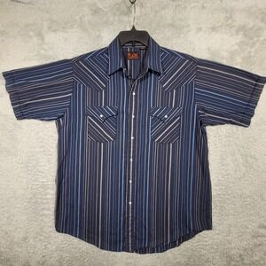 PLAINS WESTERN WEAR Mens Short Sleeve Striped Pearl Snap Button Up Shirt Large